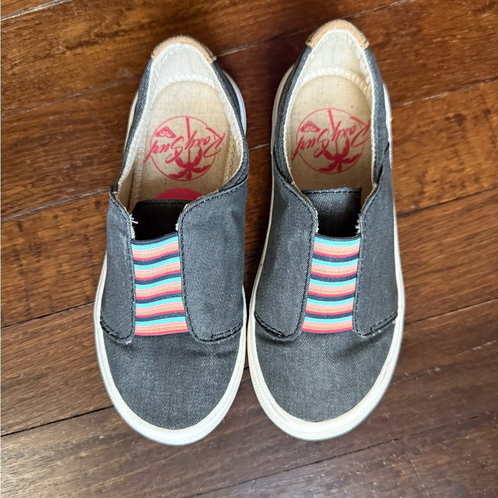Roxy Charcoal Slip-On Kids Sneakers with Colorful Stripes